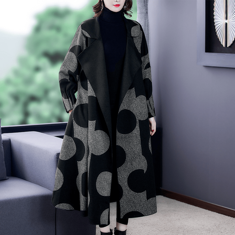 Women’s Trench Coat – Oversized Fit – Wool Blend – Shawl Collar – Abstract Pattern - Nalani - UK Fashion Clothing and Decor