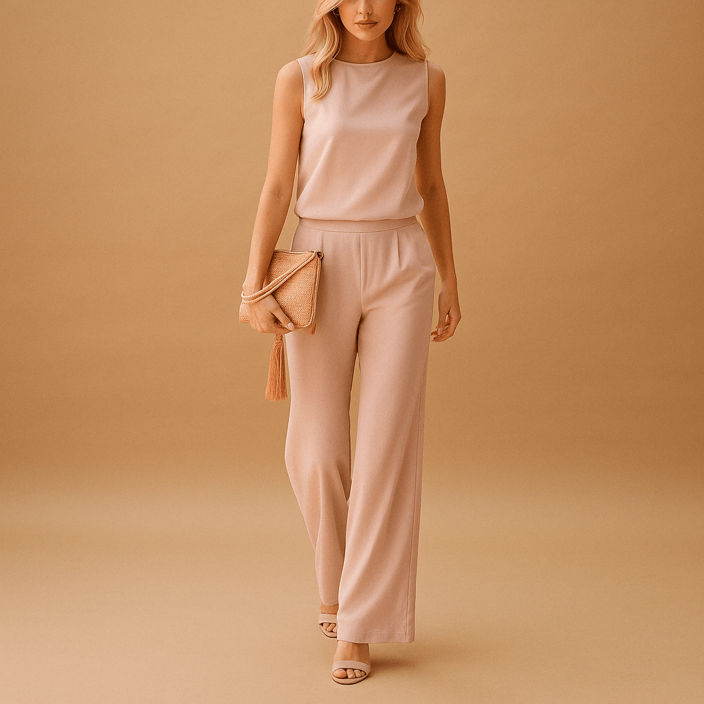 Women's Wide Leg Jumpsuit Round Neck Mid Waist Elegant Style - Nalani - UK and AUS Fashion Clothing and Decor