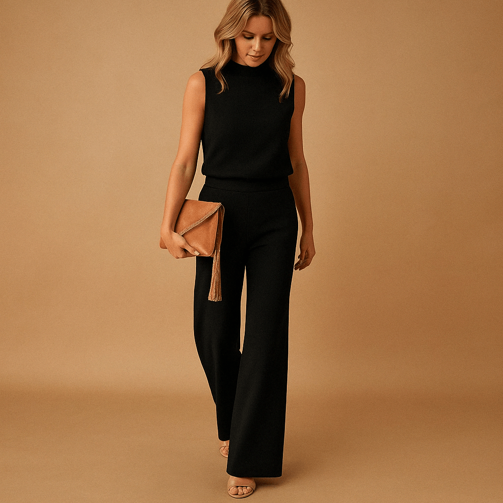 Women's Wide Leg Jumpsuit Round Neck Mid Waist Elegant Style - Nalani - UK and AUS Fashion Clothing and Decor