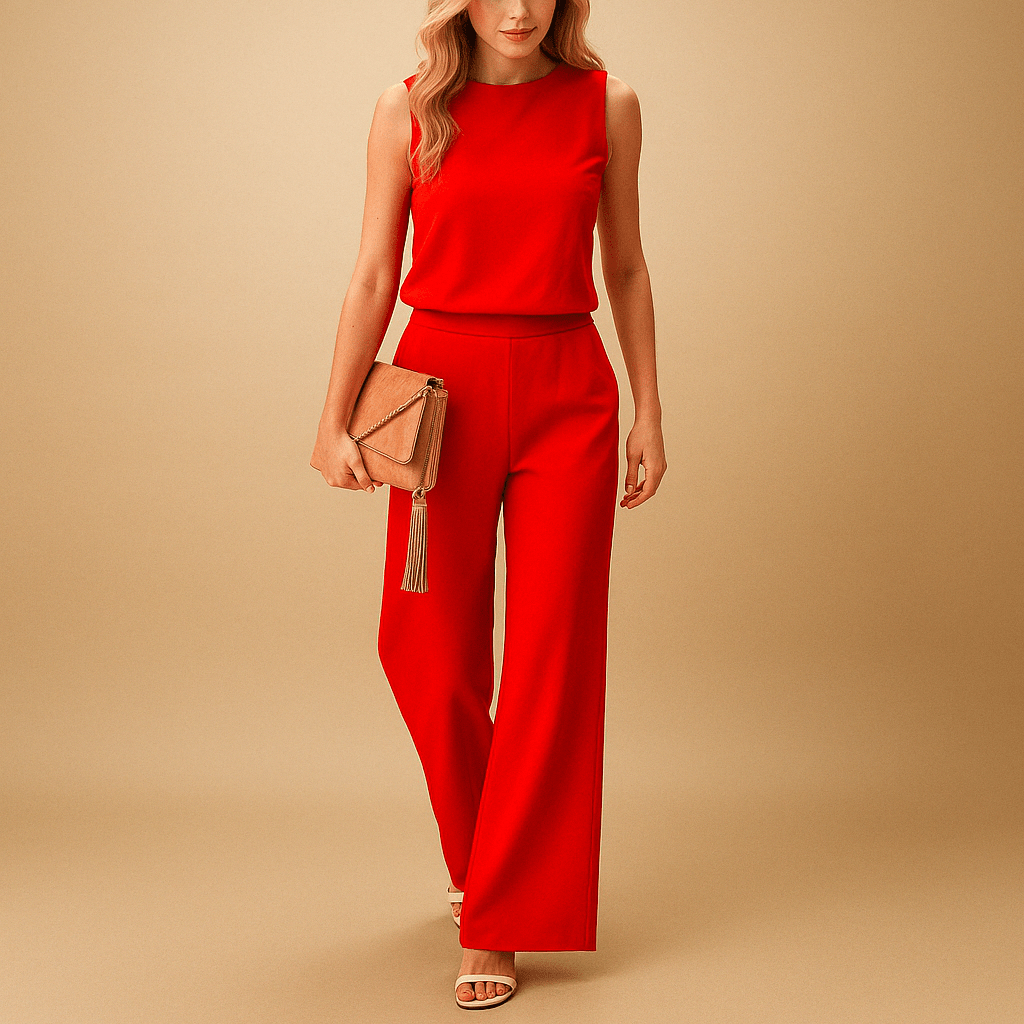 Women's Wide Leg Jumpsuit Round Neck Mid Waist Elegant Style - Nalani - UK and AUS Fashion Clothing and Decor