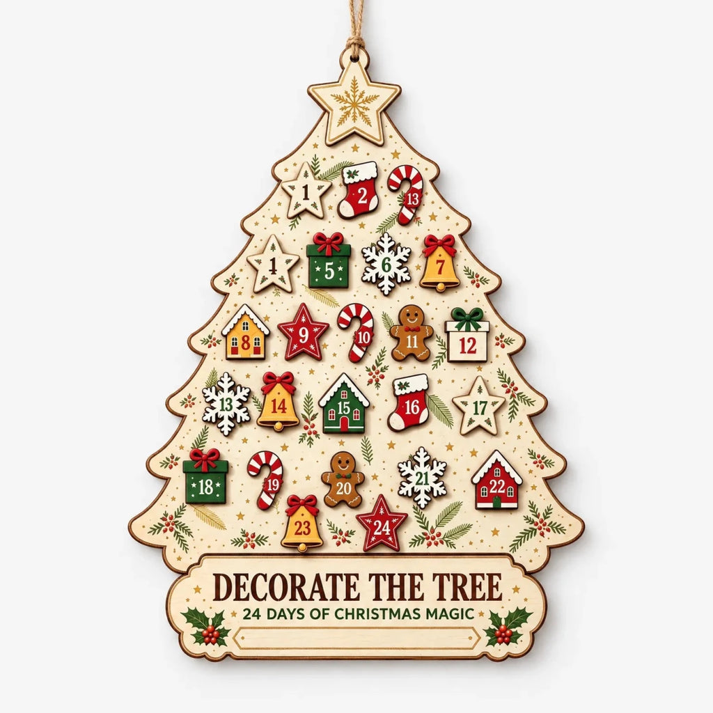 Wooden Wall Advent Calendar – Christmas Tree Shaped Countdown with 24 Wooden Ornaments, 12 x 10 in, Reusable - Nalani - Fashion Clothing and Decor