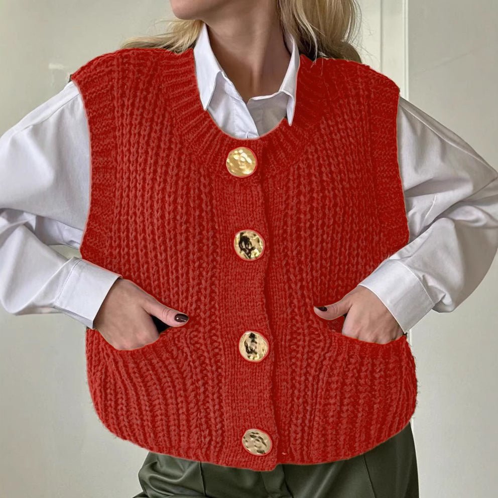Wool Blend Knitted Vest for Women Oversized Button Front Pockets - Nalani - UK Fashion Clothing and Decor