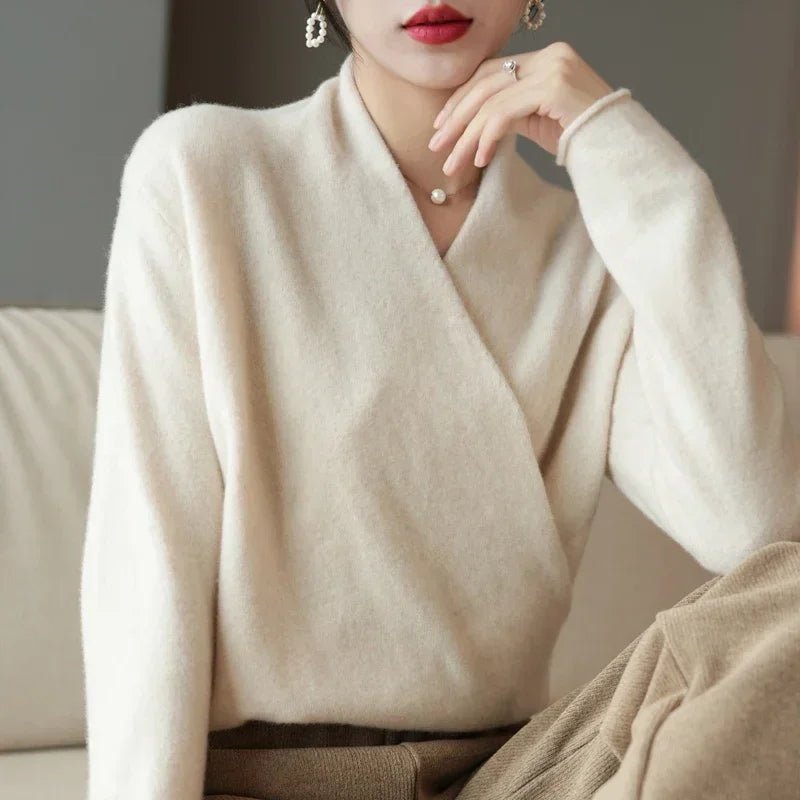 Wrap Front V Neck Pullover Sweater With Relaxed Fit - Nalani - UK and AUS Fashion Clothing and Decor