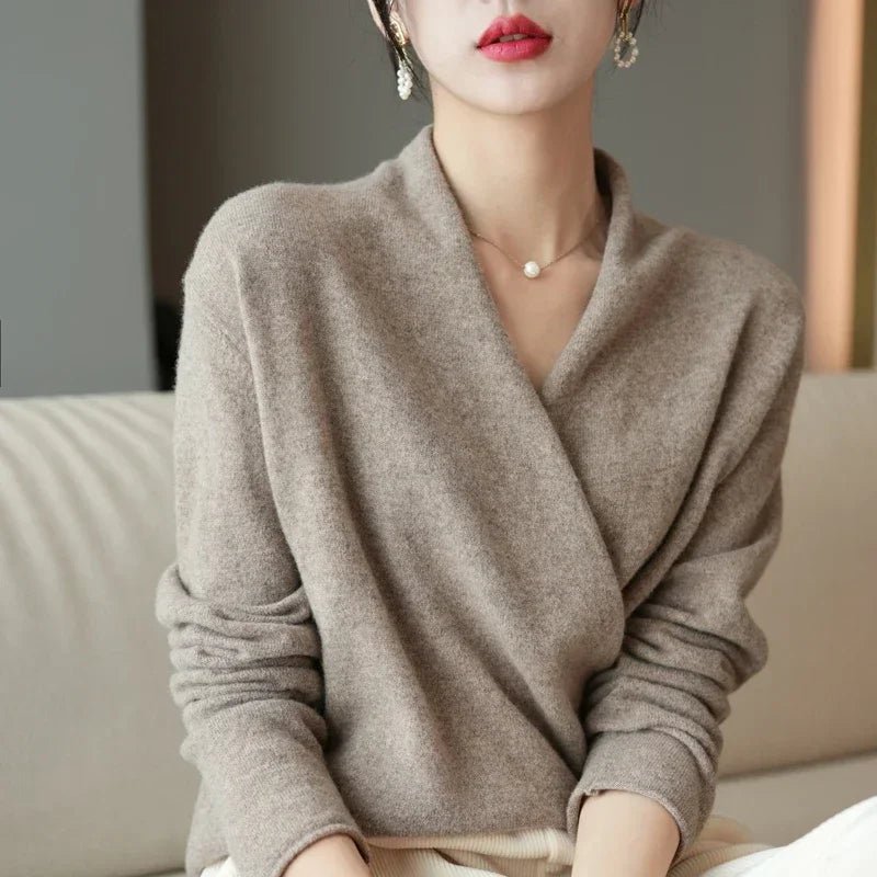 Wrap Front V Neck Pullover Sweater With Relaxed Fit - Nalani - UK and AUS Fashion Clothing and Decor