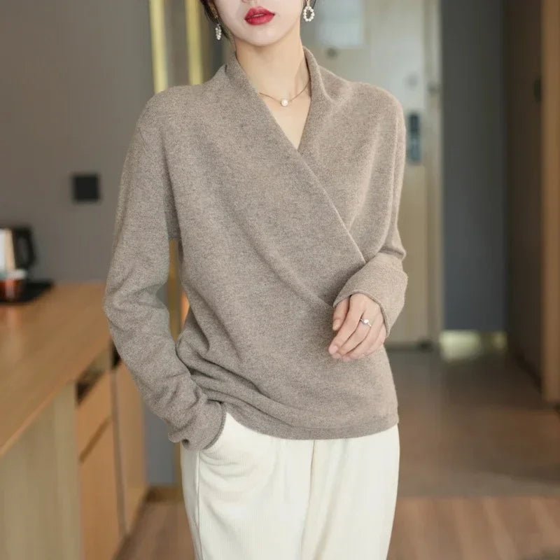 Wrap Front V Neck Pullover Sweater With Relaxed Fit - Nalani - UK and AUS Fashion Clothing and Decor