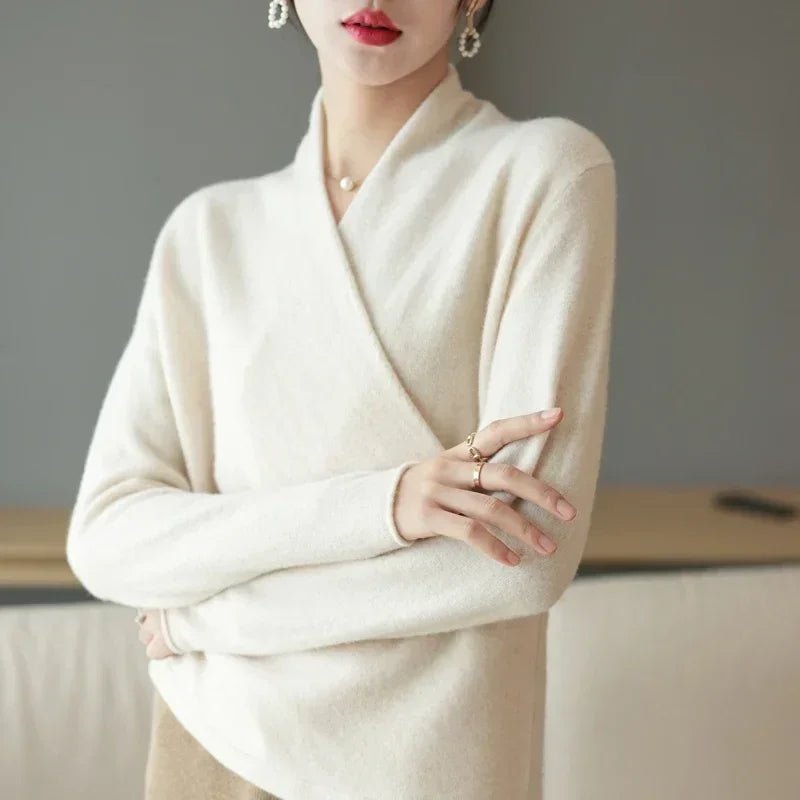 Wrap Front V Neck Pullover Sweater With Relaxed Fit - Nalani - UK and AUS Fashion Clothing and Decor