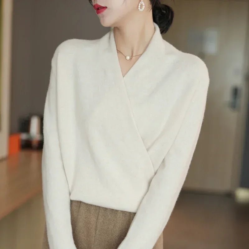 Wrap Front V Neck Pullover Sweater With Relaxed Fit - Nalani - UK and AUS Fashion Clothing and Decor