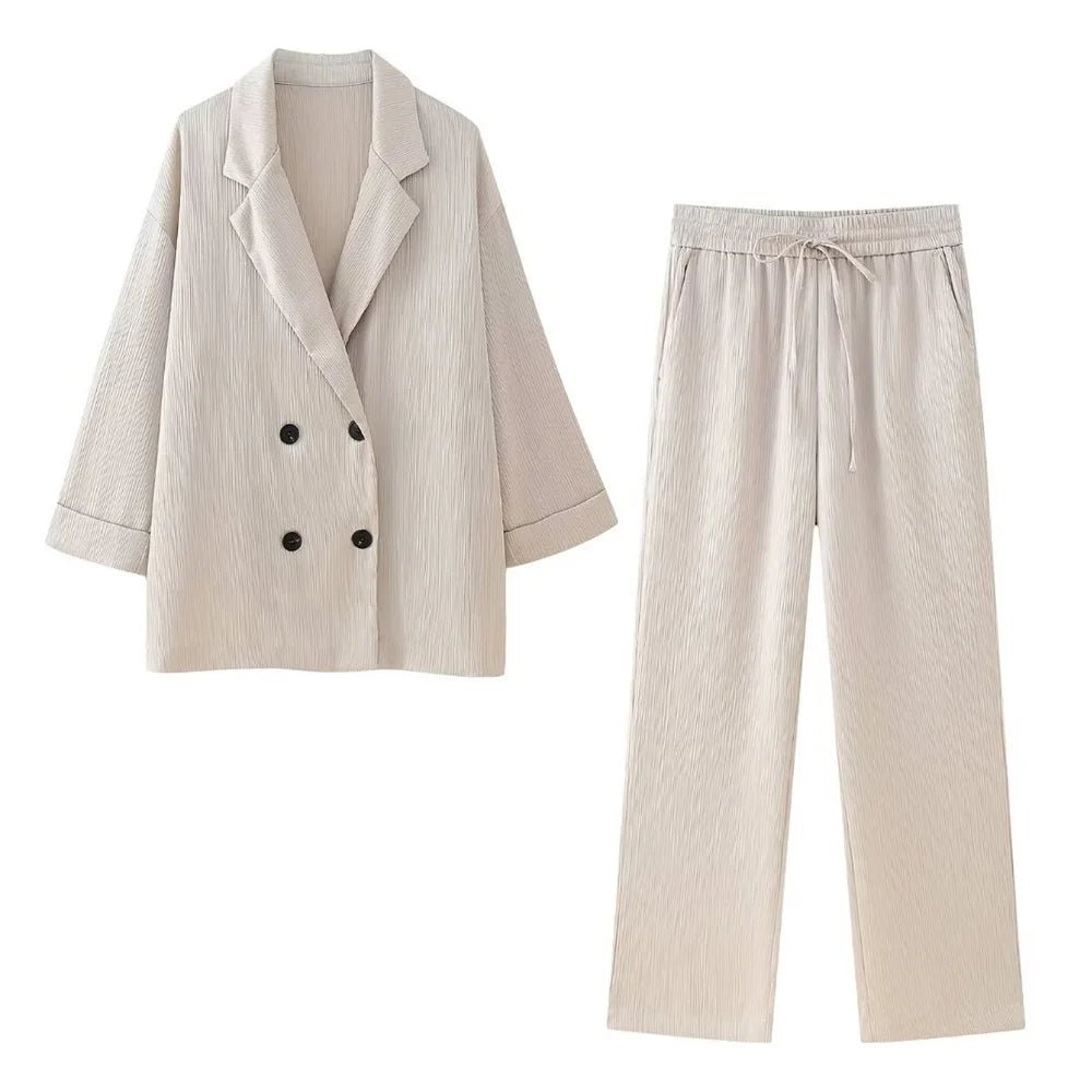 Wrinkle Effect Double Breasted Women Suit Set For Spring Summer - Nalani - UK and AUS Fashion Clothing and Decor