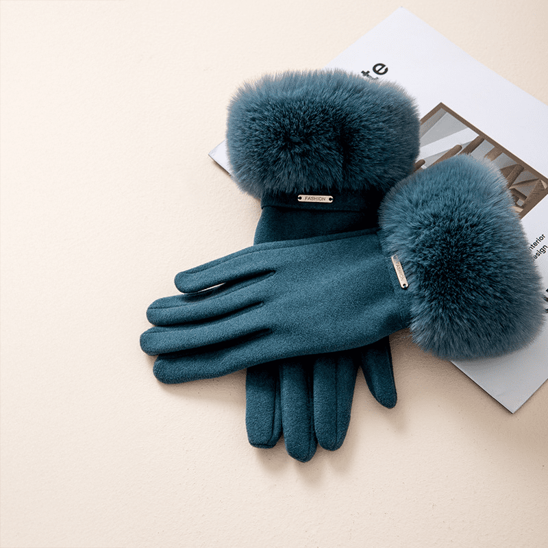 Wrist Length Fur Trim Gloves With Metal Detail For Women - Nalani - UK Fashion Clothing and Decor