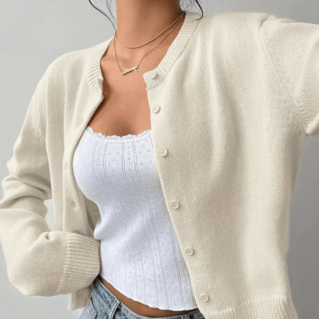 Zahara | Women's Short Cardigan with Button Placket - V-Neck Long-Sleeve Cropped Ribbed Knit Sweater & Casual Layering Top for Fall - Nalani - Fashion Clothing and Decor