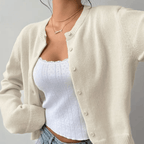 Zahara | Women's Short Cardigan with Button Placket - V-Neck Long-Sleeve Cropped Ribbed Knit Sweater & Casual Layering Top for Fall - Nalani - Fashion Clothing and Decor