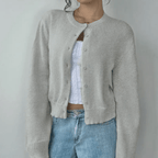 Zahara | Women's Short Cardigan with Button Placket - V-Neck Long-Sleeve Cropped Ribbed Knit Sweater & Casual Layering Top for Fall - Nalani - Fashion Clothing and Decor