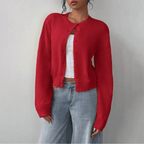 Zahara | Women's Short Cardigan with Button Placket - V-Neck Long-Sleeve Cropped Ribbed Knit Sweater & Casual Layering Top for Fall - Nalani - Fashion Clothing and Decor