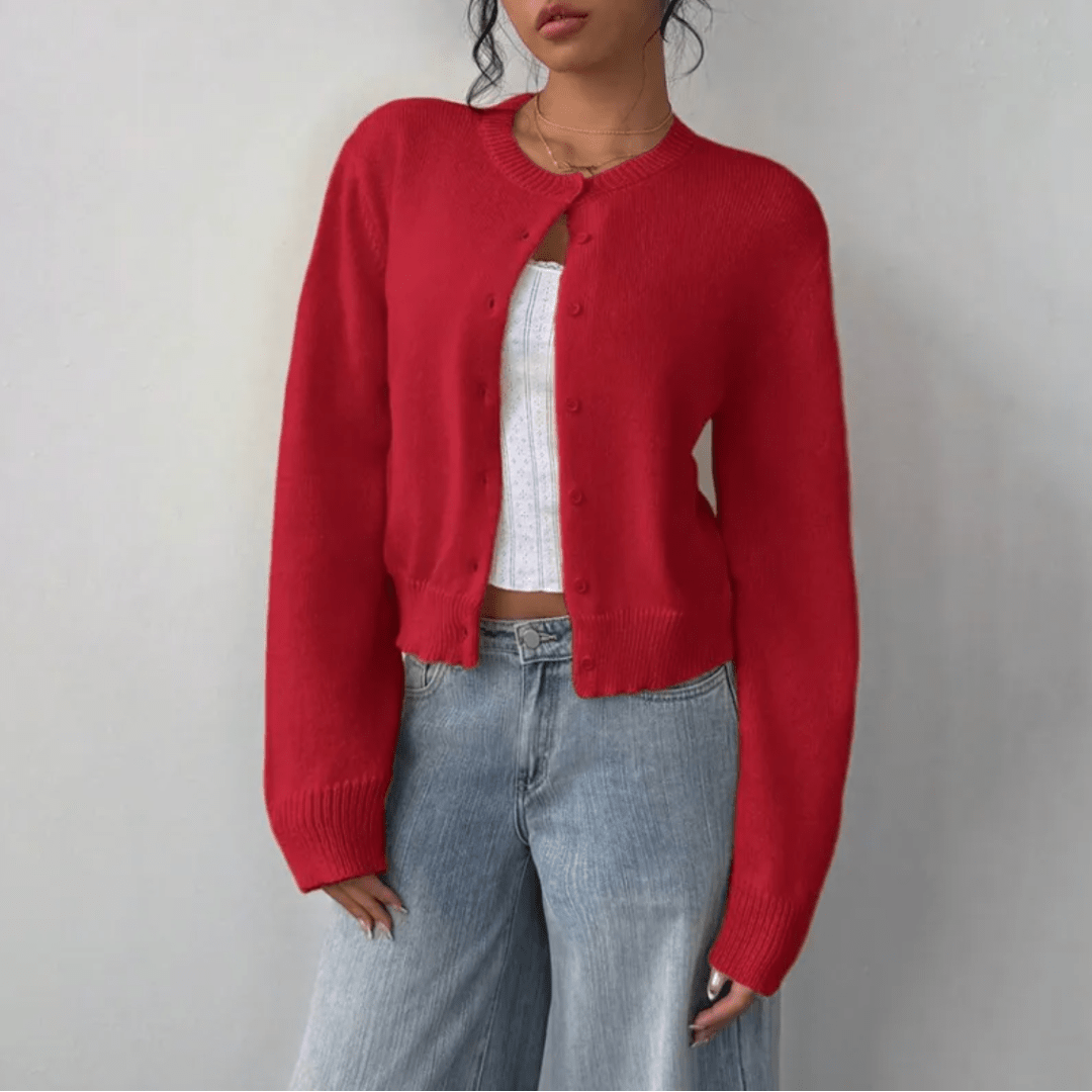 Zahara | Women's Short Cardigan with Button Placket - V-Neck Long-Sleeve Cropped Ribbed Knit Sweater & Casual Layering Top for Fall - Nalani - Fashion Clothing and Decor
