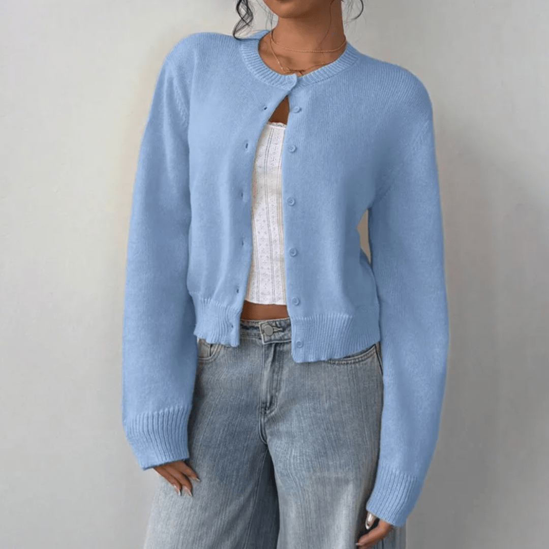 Zahara | Women's Short Cardigan with Button Placket - V-Neck Long-Sleeve Cropped Ribbed Knit Sweater & Casual Layering Top for Fall - Nalani - Fashion Clothing and Decor