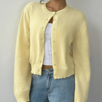 Zahara | Women's Short Cardigan with Button Placket - V-Neck Long-Sleeve Cropped Ribbed Knit Sweater & Casual Layering Top for Fall - Nalani - Fashion Clothing and Decor