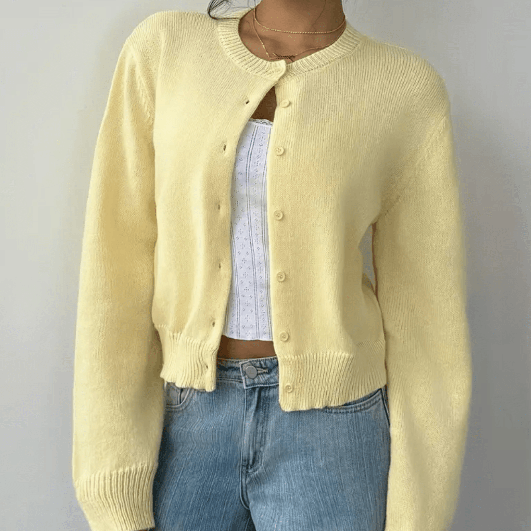 Zahara | Women's Short Cardigan with Button Placket - V-Neck Long-Sleeve Cropped Ribbed Knit Sweater & Casual Layering Top for Fall - Nalani - Fashion Clothing and Decor