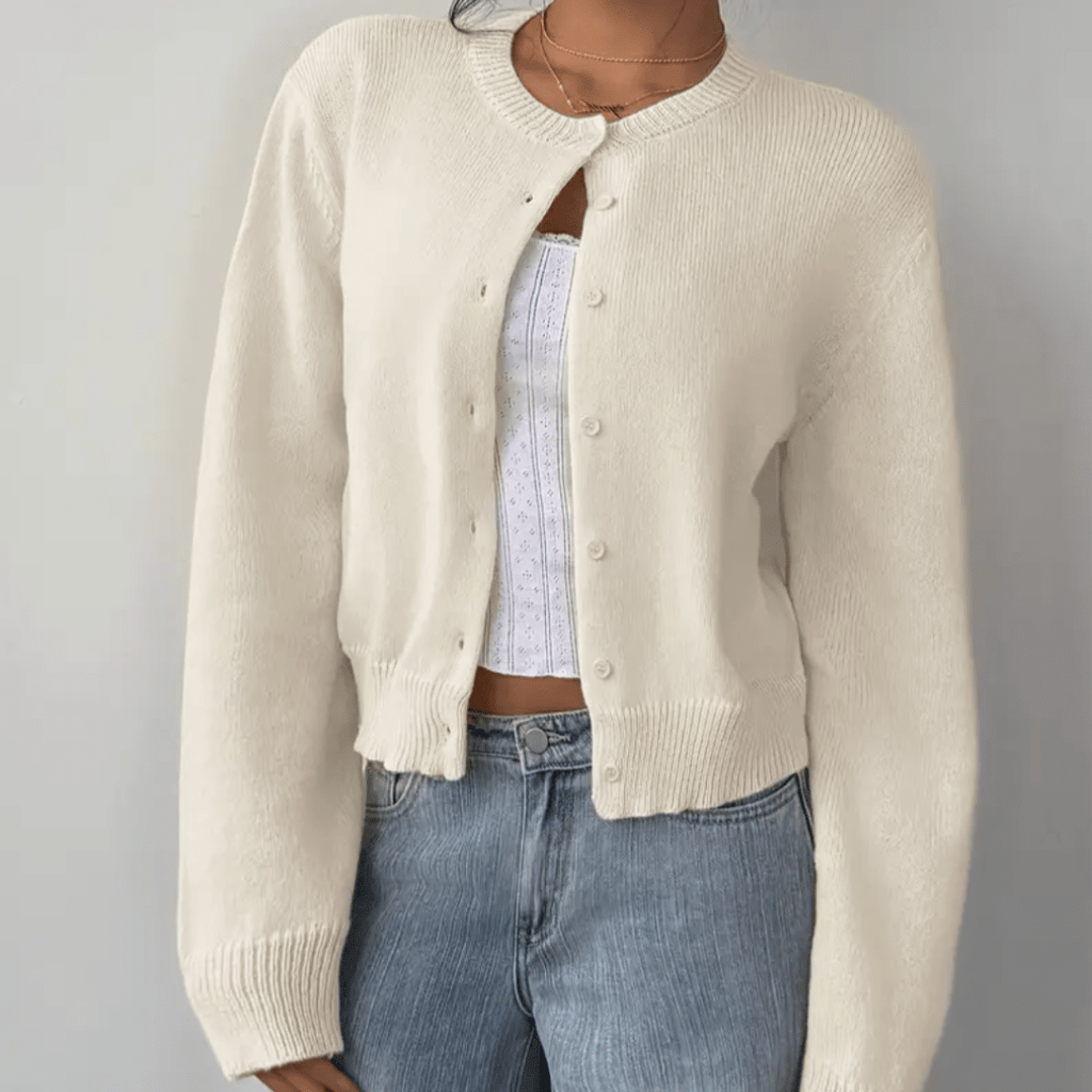 Zahara | Women's Short Cardigan with Button Placket - V-Neck Long-Sleeve Cropped Ribbed Knit Sweater & Casual Layering Top for Fall - Nalani - Fashion Clothing and Decor