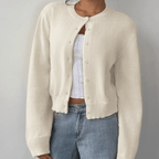 Zahara | Women's Short Cardigan with Button Placket - V-Neck Long-Sleeve Cropped Ribbed Knit Sweater & Casual Layering Top for Fall - Nalani - Fashion Clothing and Decor