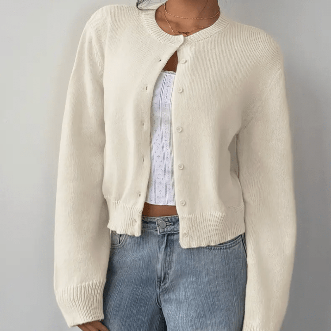 Zahara | Women's Short Cardigan with Button Placket - V-Neck Long-Sleeve Cropped Ribbed Knit Sweater & Casual Layering Top for Fall - Nalani - Fashion Clothing and Decor