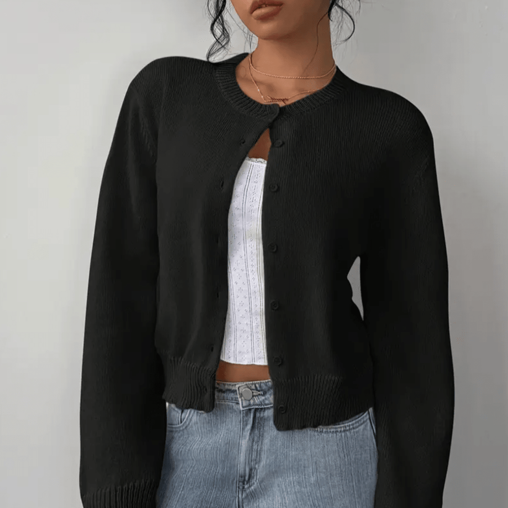 Zahara | Women's Short Cardigan with Button Placket - V-Neck Long-Sleeve Cropped Ribbed Knit Sweater & Casual Layering Top for Fall - Nalani - Fashion Clothing and Decor