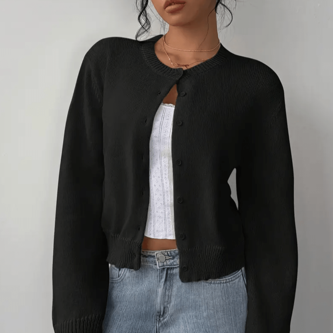 Zahara | Women's Short Cardigan with Button Placket - V-Neck Long-Sleeve Cropped Ribbed Knit Sweater & Casual Layering Top for Fall - Nalani - Fashion Clothing and Decor