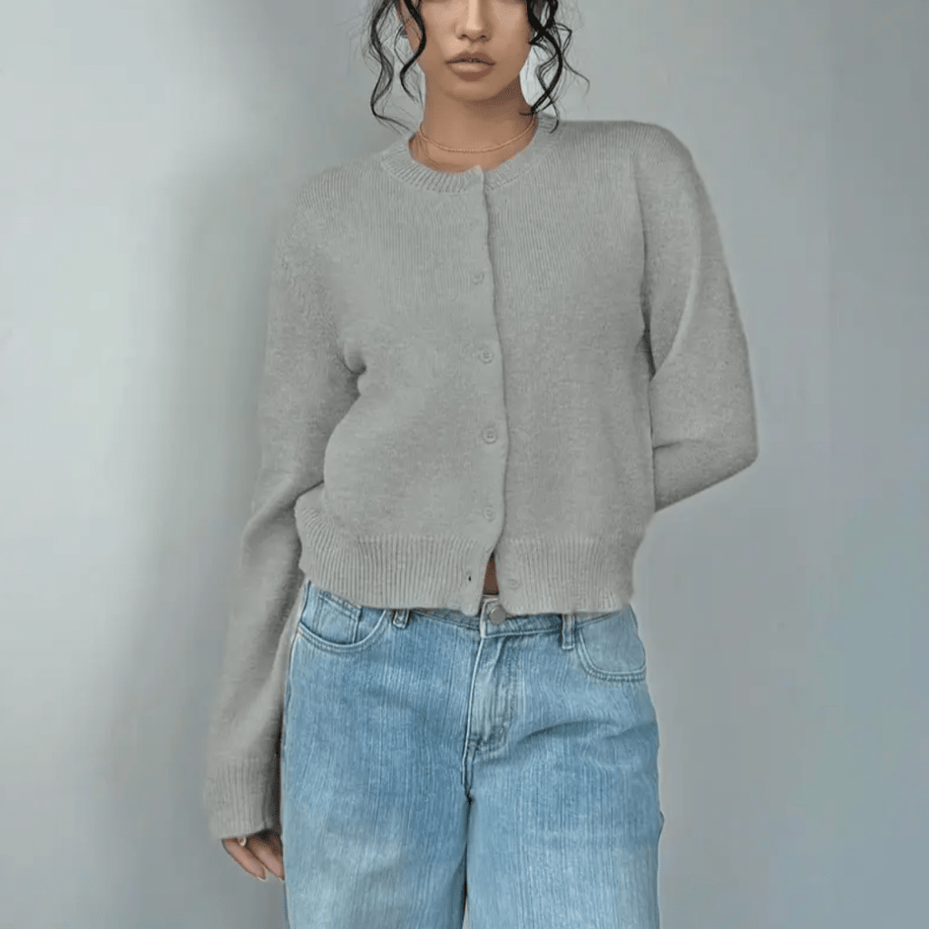 Zahara | Women's Short Cardigan with Button Placket - V-Neck Long-Sleeve Cropped Ribbed Knit Sweater & Casual Layering Top for Fall - Nalani - Fashion Clothing and Decor