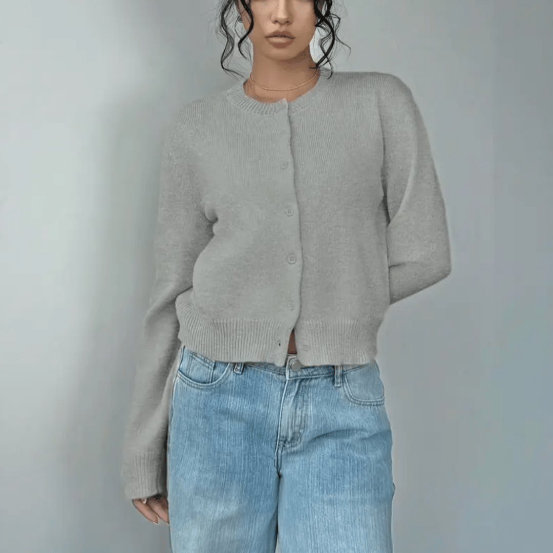 Zahara | Women's Short Cardigan with Button Placket - V-Neck Long-Sleeve Cropped Ribbed Knit Sweater & Casual Layering Top for Fall - Nalani - Fashion Clothing and Decor