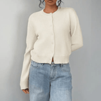 Zahara | Women's Short Cardigan with Button Placket - V-Neck Long-Sleeve Cropped Ribbed Knit Sweater & Casual Layering Top for Fall - Nalani - Fashion Clothing and Decor