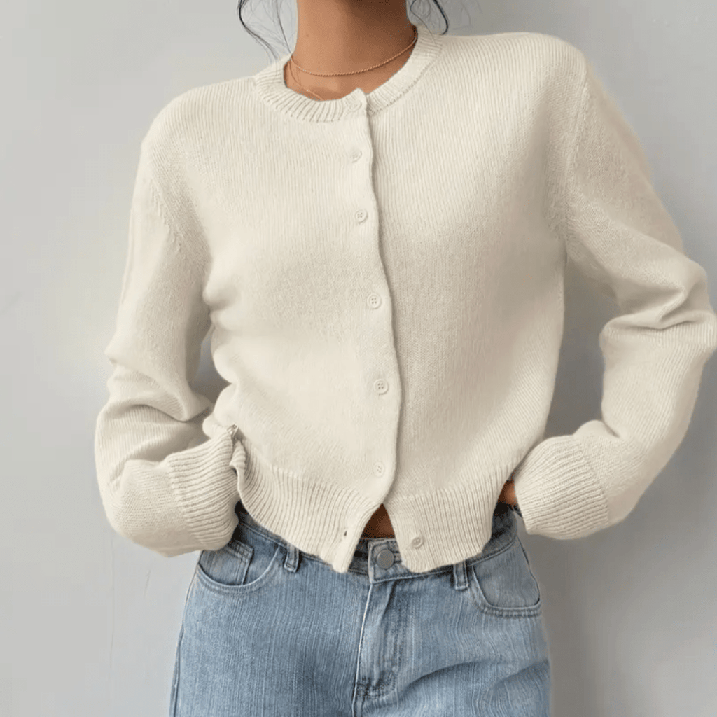 Zahara | Women's Short Cardigan with Button Placket - V-Neck Long-Sleeve Cropped Ribbed Knit Sweater & Casual Layering Top for Fall - Nalani - Fashion Clothing and Decor